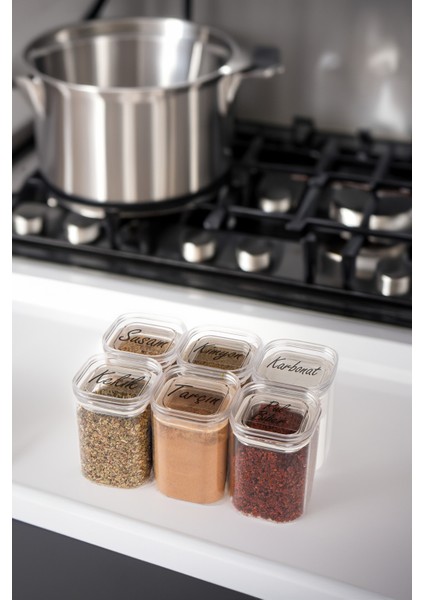 6'lı 200 ml Vakumlu Üstten Şeffaf Etiketli Mika Baharatlık Seti Saklama Kabı