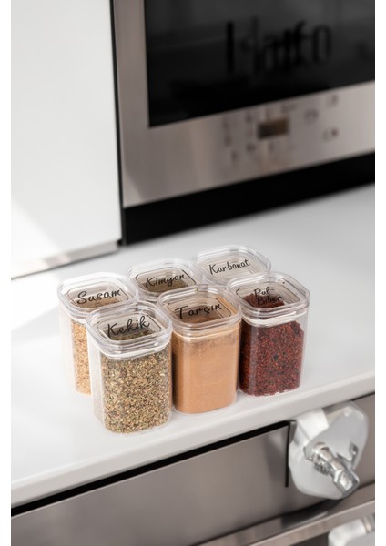 6'lı 200 ml Vakumlu Üstten Şeffaf Etiketli Mika Baharatlık Seti Saklama Kabı modelleri