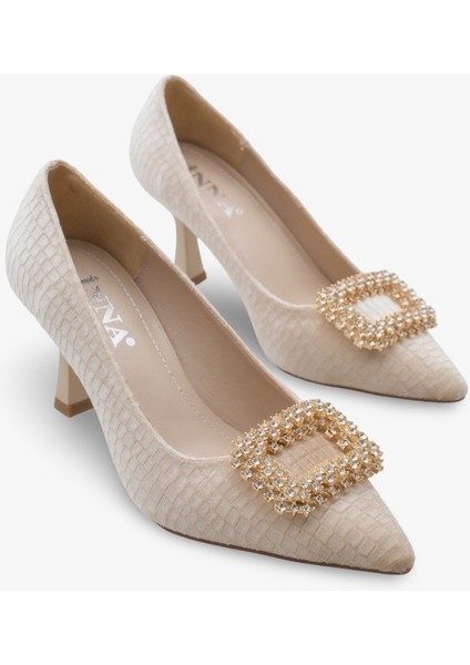 Lunvera Kadife Taşlı Tokalı Kadın Topuklu Ayakkabı Bej fiyatları