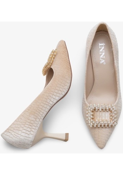 Lunvera Kadife Taşlı Tokalı Kadın Topuklu Ayakkabı Bej modelleri