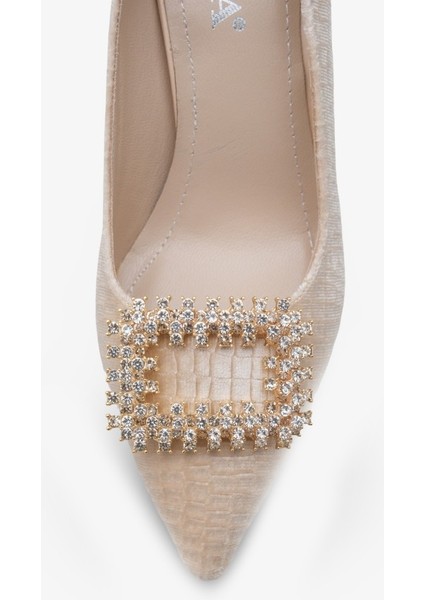 Lunvera Kadife Taşlı Tokalı Kadın Topuklu Ayakkabı Bej fırsatları