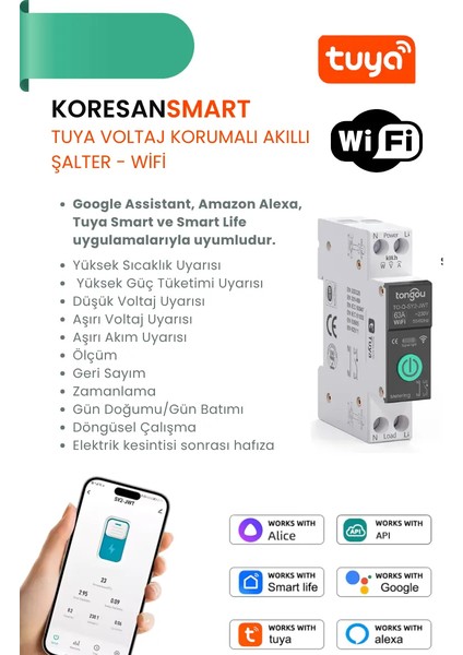 Tuya Voltaj Korumalı 63A Akıllı Şalter Sigorta- Wifi