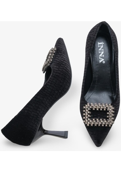 Lunvera Kadife Taşlı Tokalı Kadın Topuklu Ayakkabı Siyah modelleri