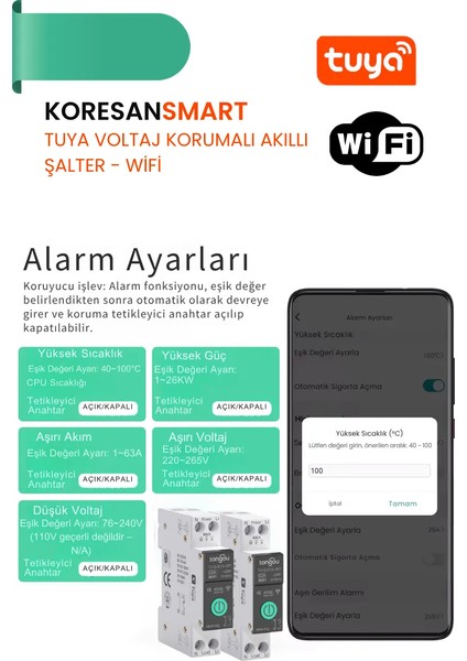 Tuya Voltaj Korumalı 63A Akıllı Şalter Sigorta- Wifi indirimleri