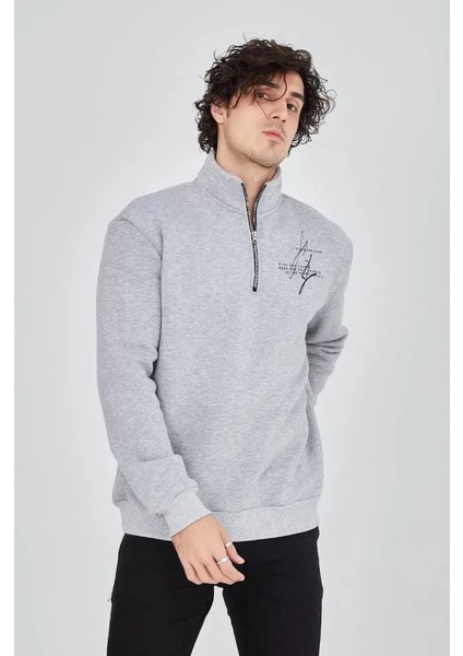 Erkek Gri Oversize Dik Yaka Yarım Fermuarlı Sweatshirt | Önü Baskılı 3 İplik İçi Şardonlu Kışlık