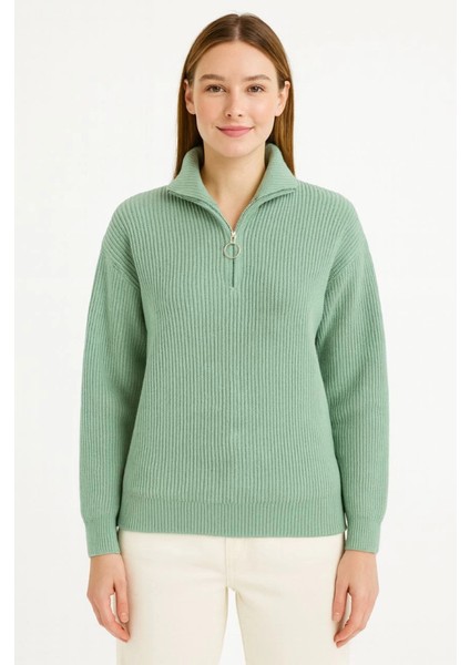 Kadın Dik Yaka Yarım Fermuarlı Triko Kazak |Fitilli Kalın Örgü Basic Kışlık Mint Yeşili Balıkçı Yaka modelleri