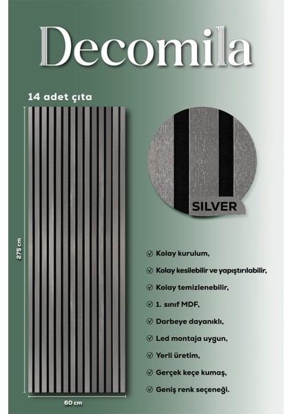 Mdf Ahşap Akustik Duvar Paneli 60X275 cm - Silver (Pvc)