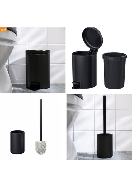 Banyo Seti 2li Çelik Çöp Kutusu- Cam Tuvalet Fırçası Siyah-