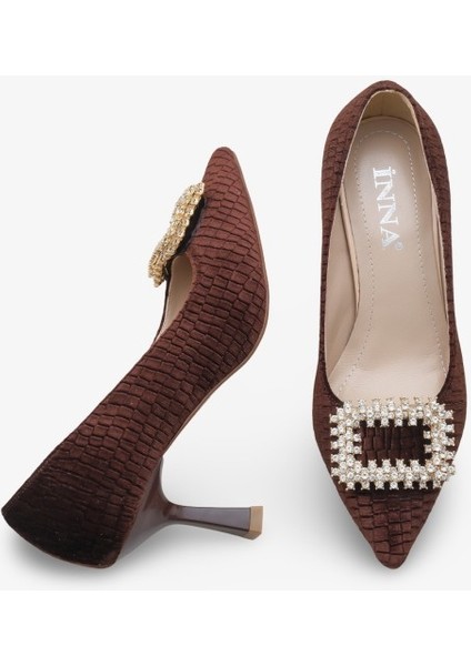 Lunvera Kadife Taşlı Tokalı Kadın Topuklu Ayakkabı Kahve modelleri