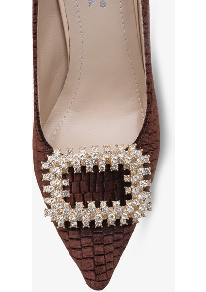 Lunvera Kadife Taşlı Tokalı Kadın Topuklu Ayakkabı Kahve fırsatları