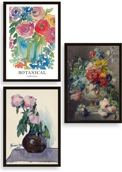 Çiçek Üçlü Ahşap Çerçeveli Tablo