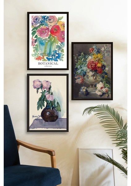 Çiçek Üçlü Ahşap Çerçeveli Tablo modelleri