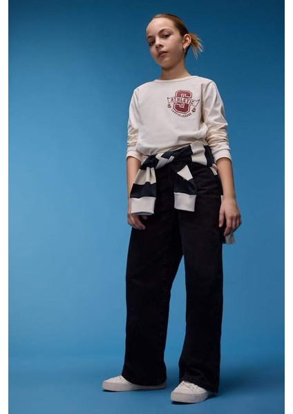 Kız Çocuk Koyu Mavi Mid Rise Wide Leg Jean Pantolon