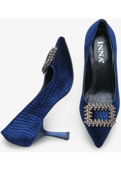 Lunvera Kadife Taşlı Tokalı Kadın Topuklu Ayakkabı Lacivert modelleri