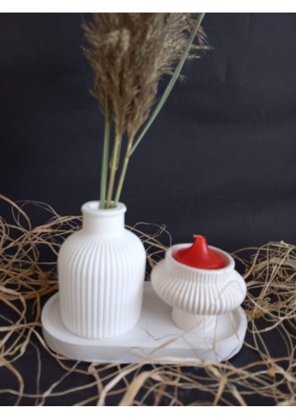 Tabaklı Küp Vazolu Fiji Mumluk Set Beyaz