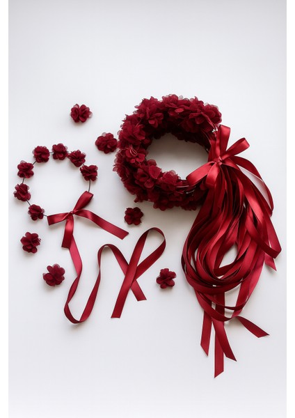 Yuvarlak Nedime Tacı Lazer Kesim Çiçekli Kına Nedime Tacı Bordo 10'lu