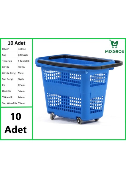 Tekerlekli Plastik Market Alışveriş El Sepeti 54 Litre Mavi 10 Adet