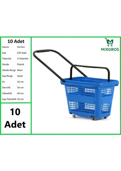 Tekerlekli Plastik Market Alışveriş El Sepeti 54 Litre Mavi 10 Adet fiyatları