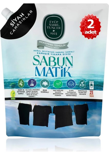- X2 Adet Sabun Matik™doğal Zeytinyağlı Çamaşır Yıkama Sıvısı Siyahlar 1,5 Lt
