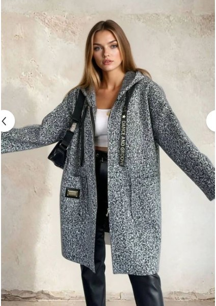 M39113 Kadın Kapüşonlu Torba Cep Astarsız Hafif Buklet Kaşe Oversize Kaban Antrasit