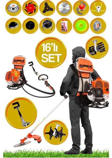 Lüx 16 Parça Turbo Benzinli Sırt Tırpan Ot Çim Çalı Biçme Makinası + Zeytin Silkeleme Aparatlı Set