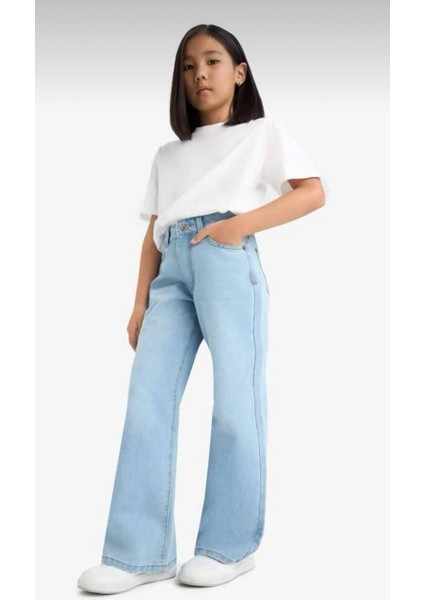 Kız Çocuk Koyu Mavi Mid Rise Wide Leg Jean Pantolon