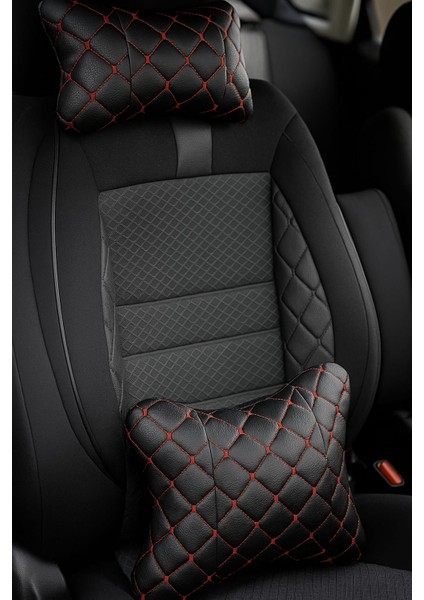 Kırmızı Kapitone Oto Boyun Yastığı+Bel Yastığı