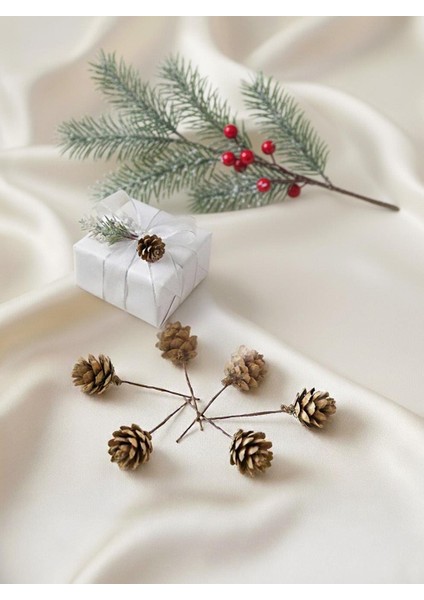 Yılbaşı Ağacı Süsleri Telli Mini Kozalak Dekoratif Çam Ağaç Süsü 12'li