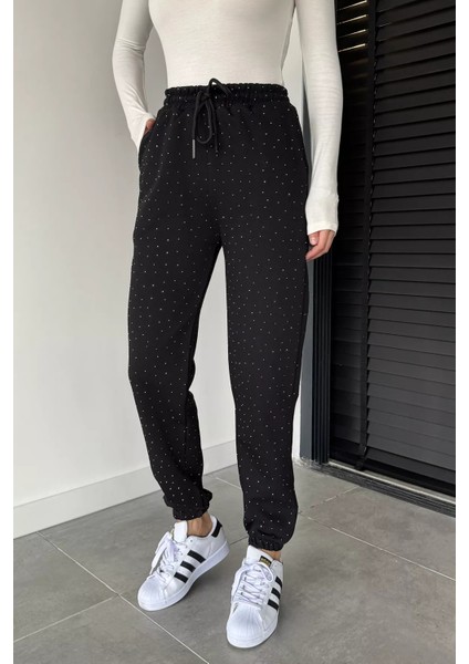 Kadın Bel ve Paça Lastikli Yüksek Bel Taş Işlemeli Şardonlu Eşofman Altı P-00018812