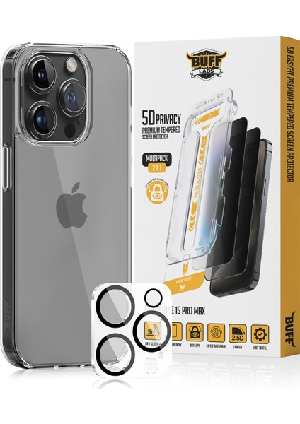 Buff iPhone 15 Pro Max Avantaj Paket - Şeffaf Kılıf + Ekran Koruyucu + Lens Koruyucu Privacy