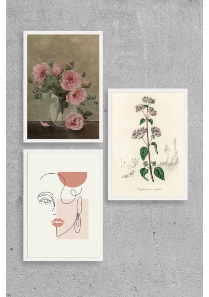 Çiçek Üçlü Ahşap Çerçeveli Tablo