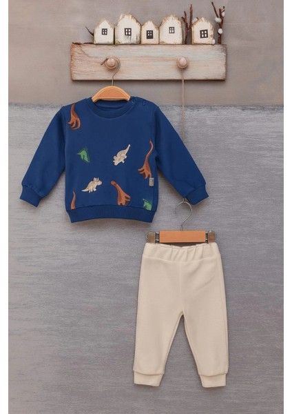 Erkek Bebek Pamuklu 2’li Takım – Dinazor Baskılı Sweatshirt ve Yeşil Pantolon