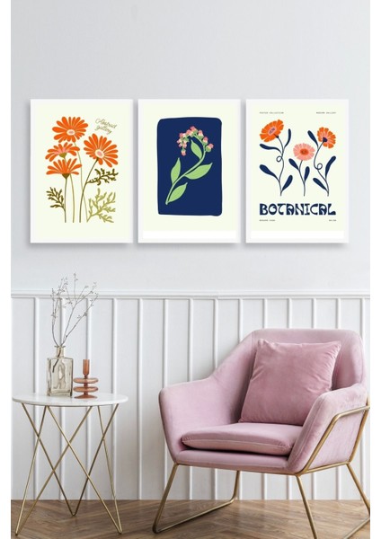 Botanik Üçlü Ahşap Çerçeveli Tablo