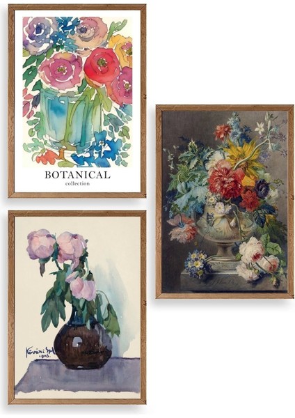 Çiçek Üçlü Ahşap Çerçeveli Tablo