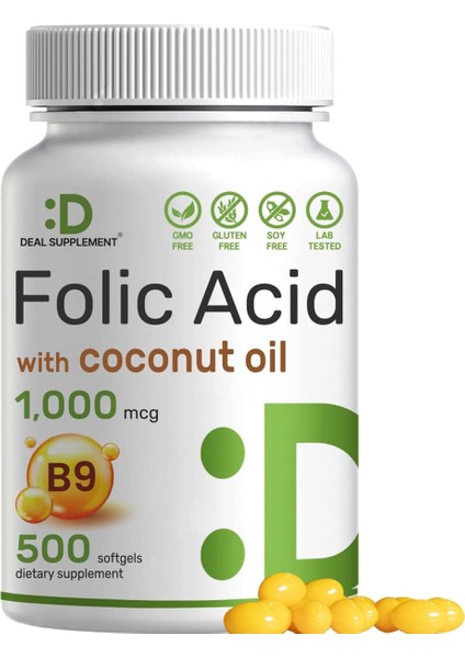 Folic Acid 1000 Mcg Oil Bioavailable Prenatal Vitamin B9 500 Softgels