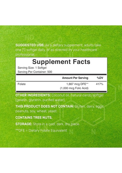 Folic Acid 1000 Mcg Oil Bioavailable Prenatal Vitamin B9 500 Softgels fiyatları