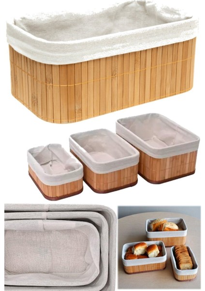 Bambu Üçlü Sepet Mutfak Çeyizlik 3 Boy Kaliteli 3 Parça Ekmek Sepeti Meyve Sofra Aksesauarı