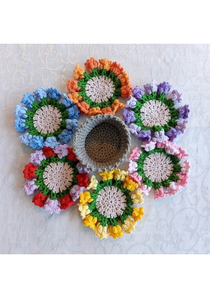 Amigurumi El Örgüsü Sepetli Çiçek Buketi Bardak Altlığı - 7 Parça