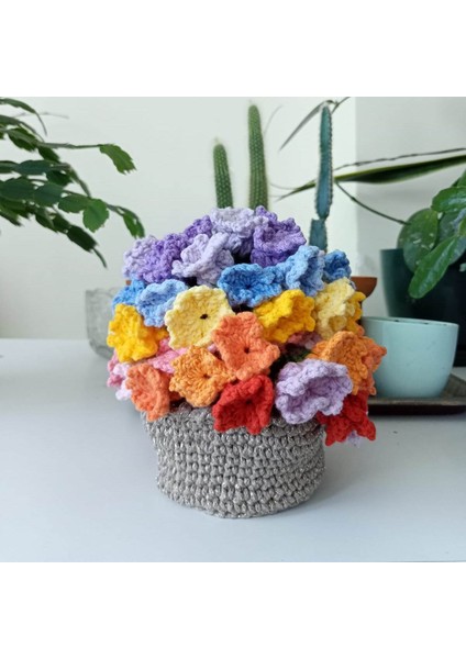 Amigurumi El Örgüsü Sepetli Çiçek Buketi Bardak Altlığı - 7 Parça