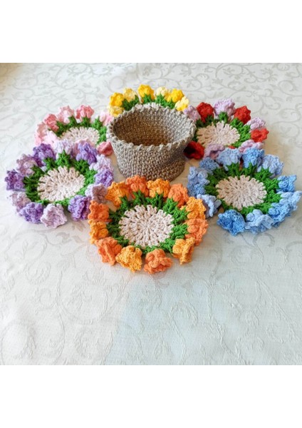 Amigurumi El Örgüsü Sepetli Çiçek Buketi Bardak Altlığı - 7 Parça