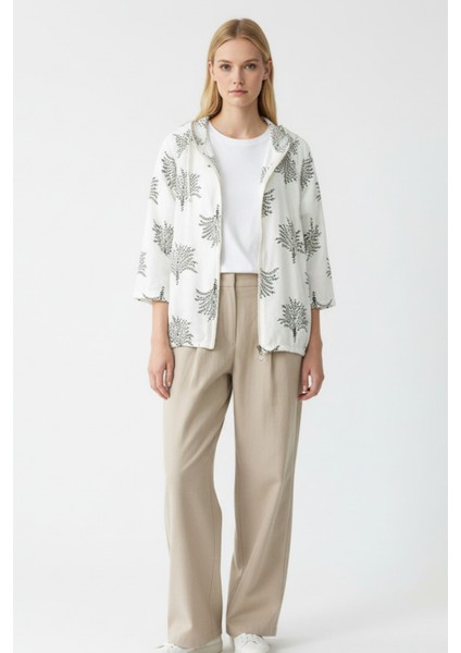 Kadın Krem Yeşil Desenli Fermuarlı Oversize Cepli Kapüşonlu Pamuklu Hırka-Ceket - Kadın Ceket