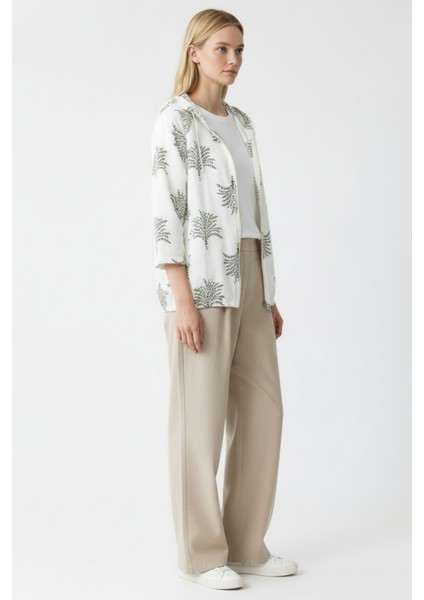 Kadın Krem Yeşil Desenli Fermuarlı Oversize Cepli Kapüşonlu Pamuklu Hırka-Ceket - Kadın Ceket fiyatları