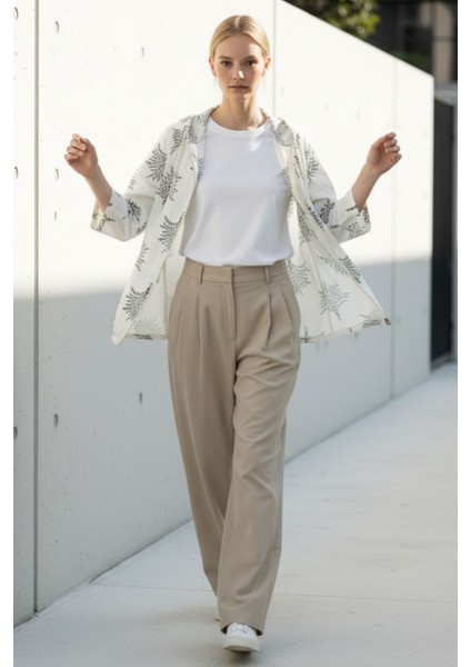 Kadın Krem Yeşil Desenli Fermuarlı Oversize Cepli Kapüşonlu Pamuklu Hırka-Ceket - Kadın Ceket modelleri