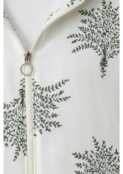 Kadın Krem Yeşil Desenli Fermuarlı Oversize Cepli Kapüşonlu Pamuklu Hırka-Ceket - Kadın Ceket fırsatları