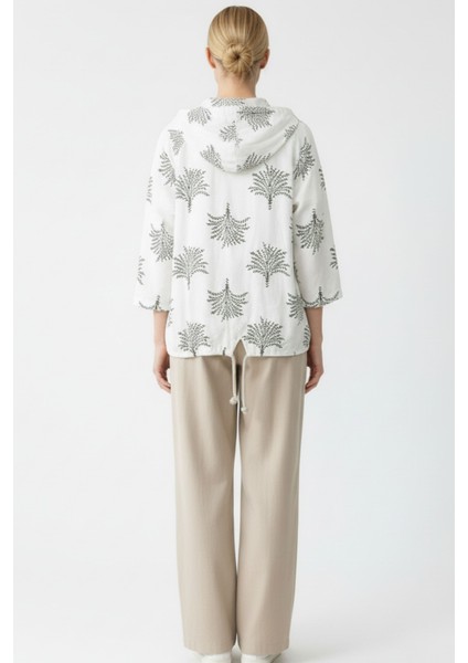 Kadın Krem Yeşil Desenli Fermuarlı Oversize Cepli Kapüşonlu Pamuklu Hırka-Ceket - Kadın Ceket indirimleri