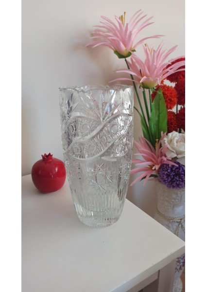 Vintage El Kesme Kristal Cam Vazo 80'ler & 28 cm