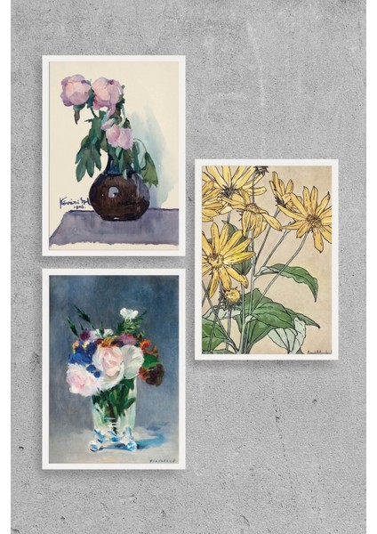 Vazodaki Çiçekler Üçlü Ahşap Çerçeveli Tablo