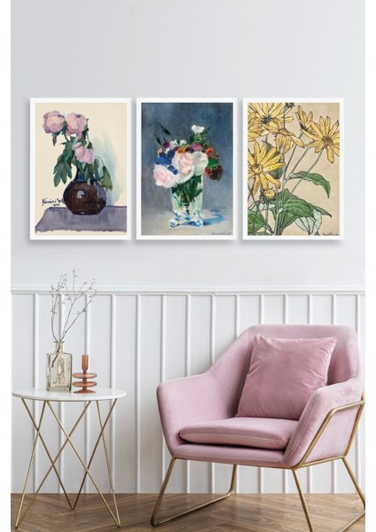 Vazodaki Çiçekler Üçlü Ahşap Çerçeveli Tablo fiyatları