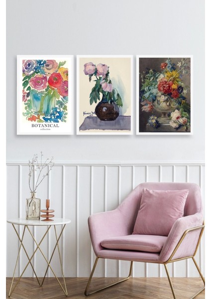 Çiçek Üçlü Ahşap Çerçeveli Tablo