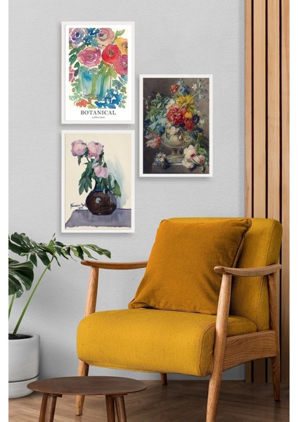 Çiçek Üçlü Ahşap Çerçeveli Tablo modelleri